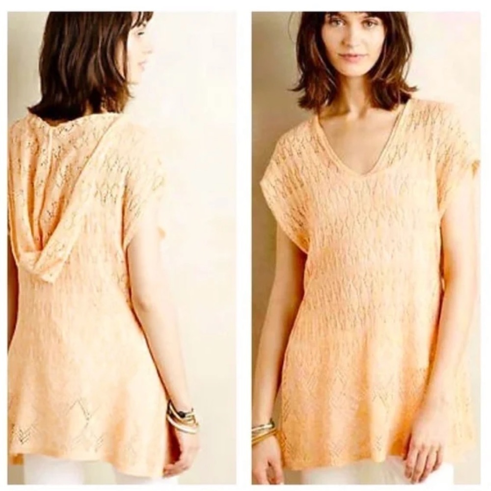 MOTH By Anthropologie Mango Loose Knit Hooded Linen Cotton Short Sleeve Sweater